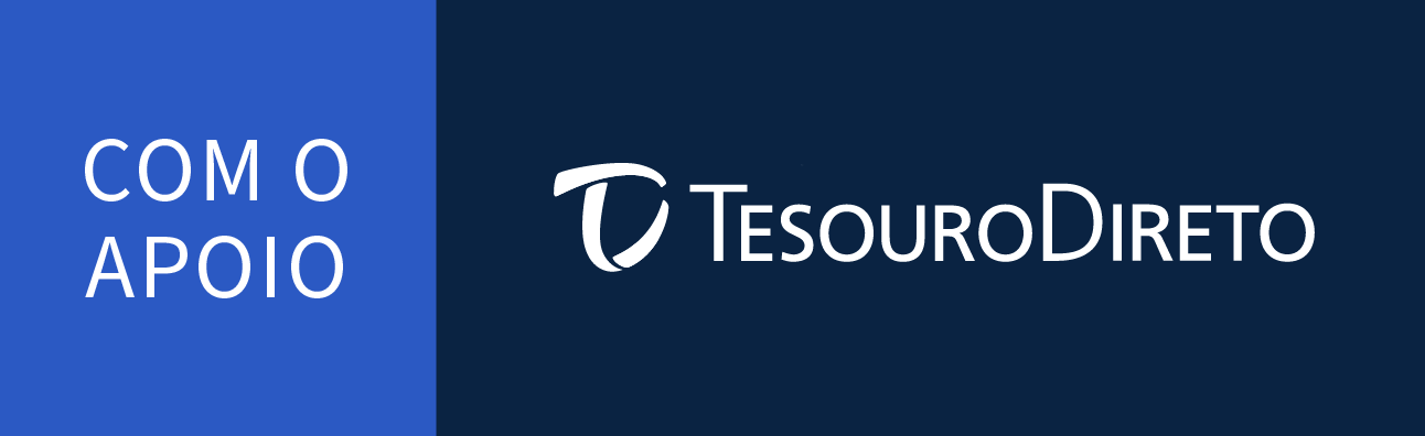 Selo de um dos apoiadores do programa Direto ao Tesouro, o Tesouro Direto. Há escrito o texto "com o apoio" seguido da logo do Tesouro Direto.